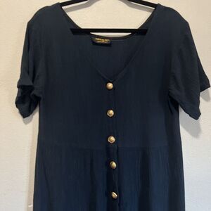 Women’s VTG Black Slip Dress Gold Buttons Slit 90s Rachel